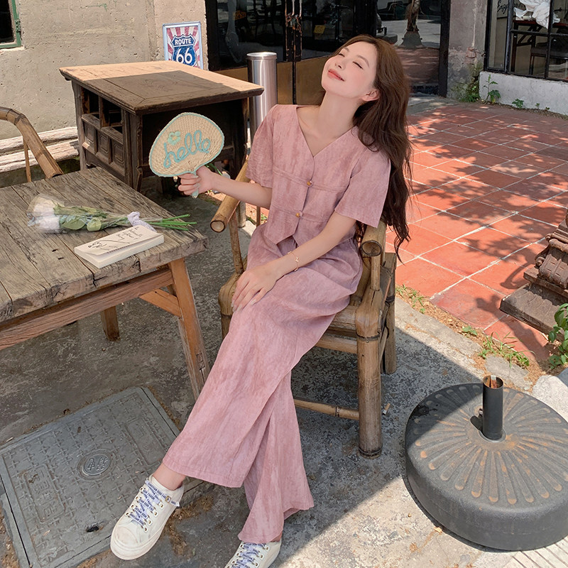 晕染粉色西装套装女夏2024新款薄款小香风两件套阔腿裤爆款减龄,女装套装/套裙,2D148