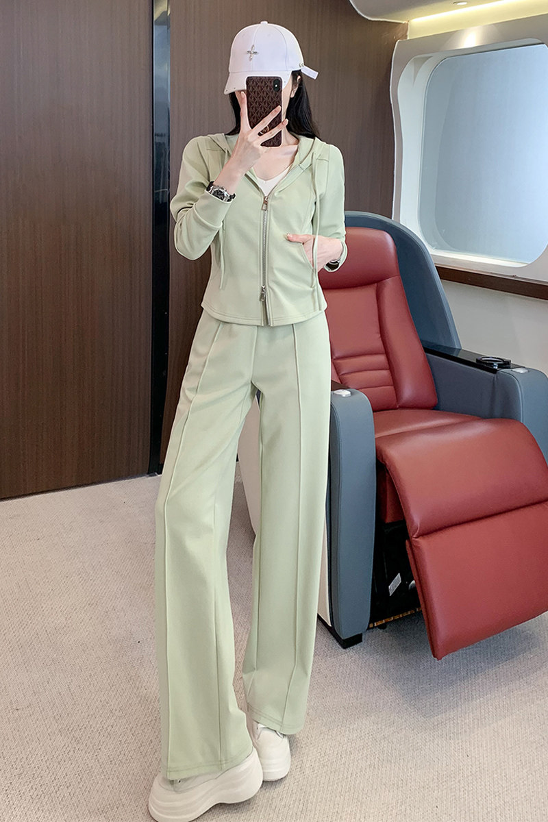 女秋时尚修身显瘦连帽开衫长袖阔腿裤套装,女装套装/套裙,2C310