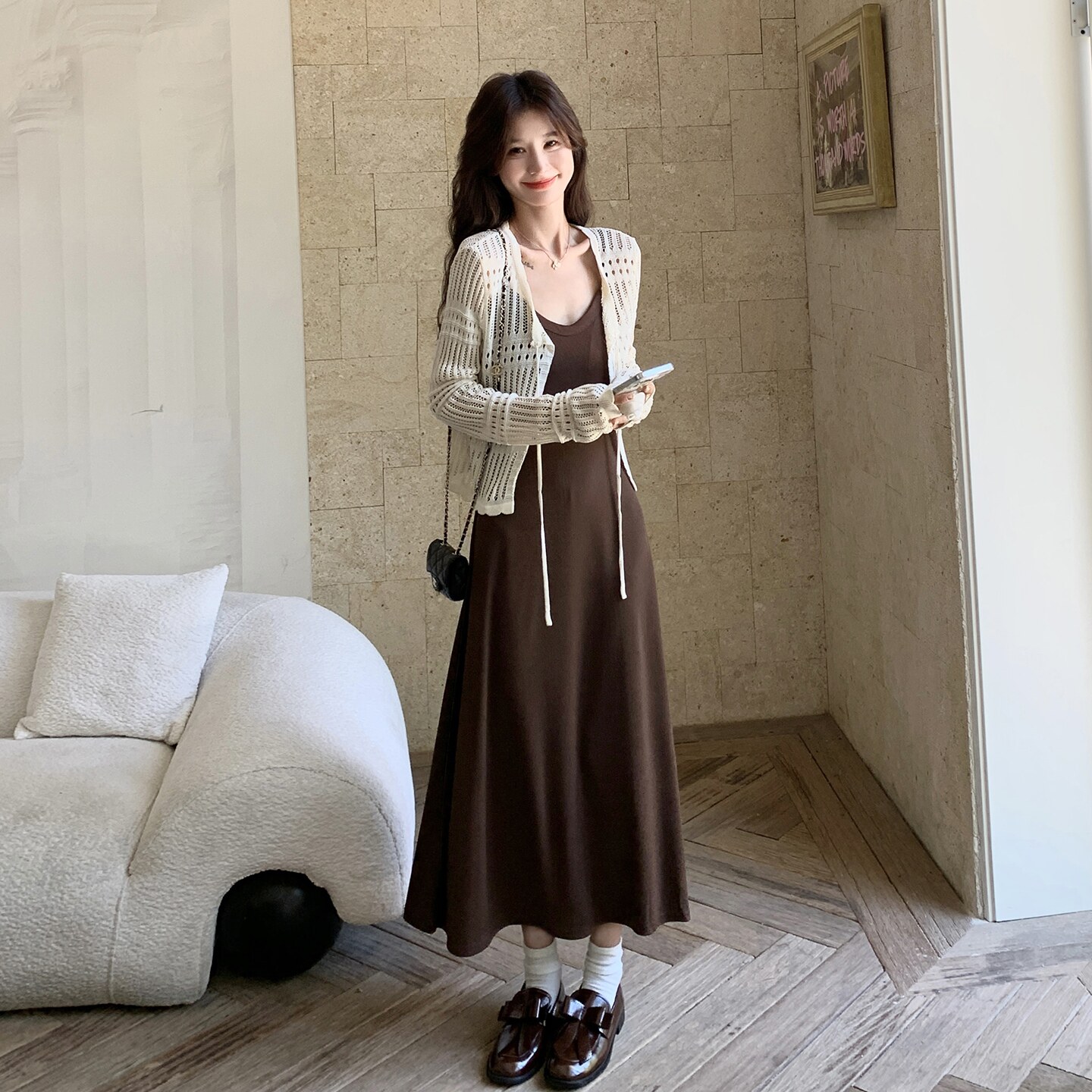 早秋新款气质百搭显瘦时尚套装女镂空针织开衫吊带裙两件套装,女装套装/套裙,2C166