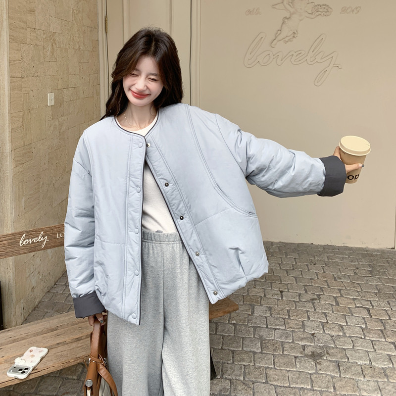 浅蓝色小香风撞色羽绒棉服外套女秋冬2025新款小个子棉服加厚棉袄,女装棉衣/棉服,2B142