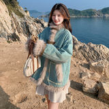 减龄牛仔拼接派克服外套女冬季2025新款加厚棉服今年流行爆款漂亮，女装羊羔毛/颗粒绒，2D078