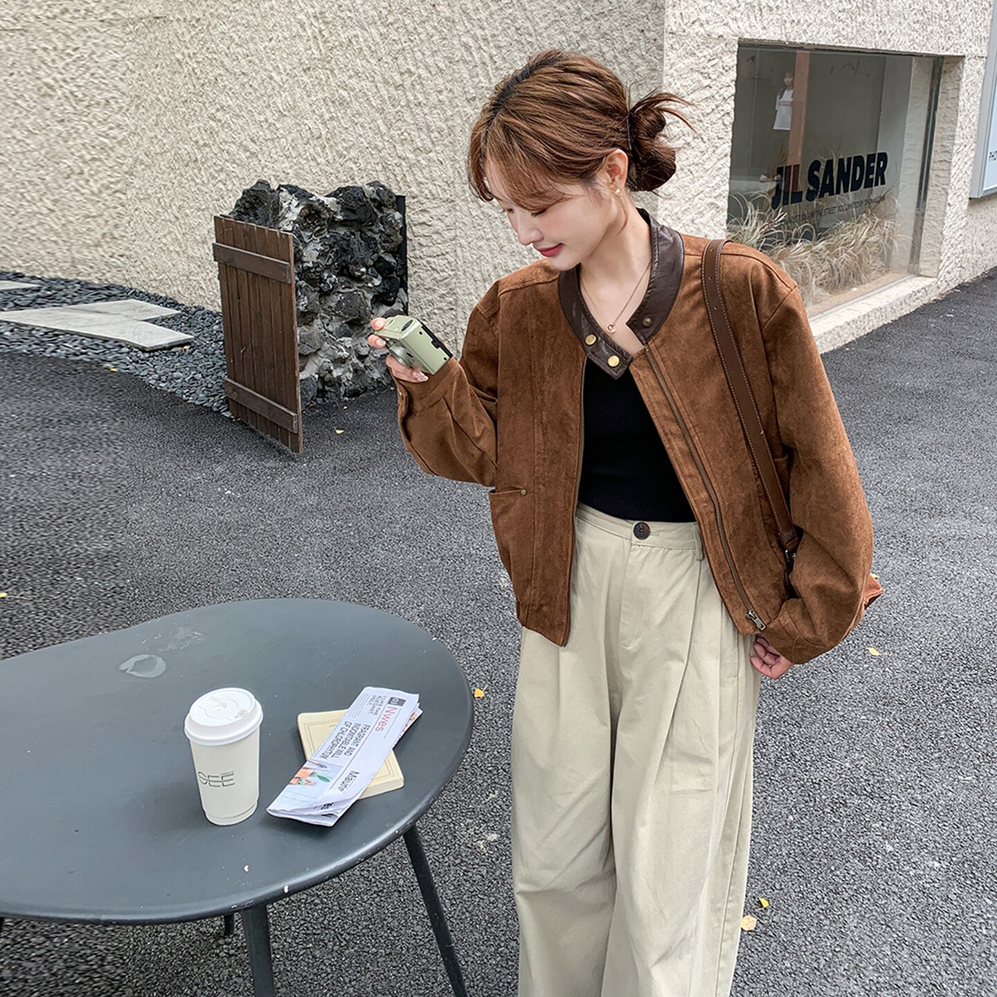 棕色复古麂皮绒短外套女2025年秋季新款韩系高级感小个子休闲夹克,女装短外套,2C258