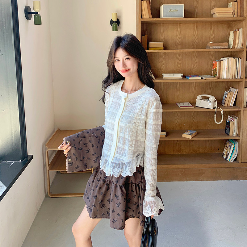 咖色复古印花小香风马甲套装裙女2025秋法式小个子减龄短裙三件套,女装套装/套裙,2C052