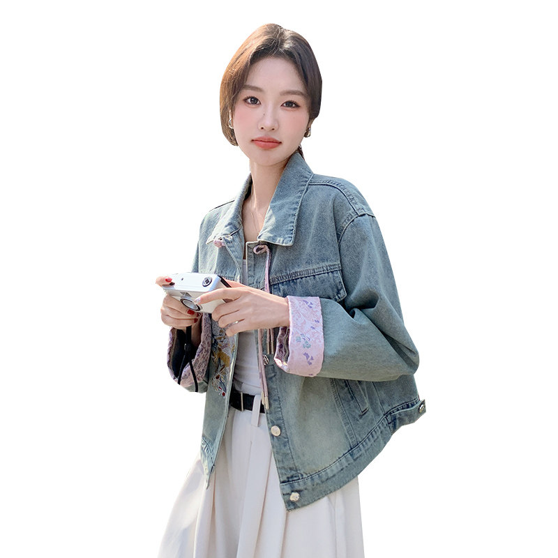 粉色刺绣拼接国风牛仔外套女春秋新中式上衣潮流时尚洋气女神范,女装短外套,2C233