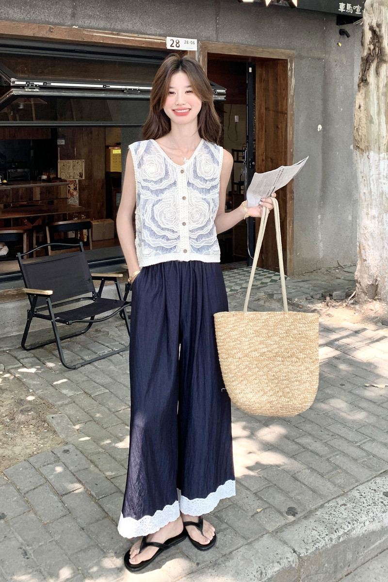 波西米亚镂空刺绣马甲上衣蕾丝拼接阔腿裤套装两件套女夏韩系绝美,女装套装/套裙,2C135