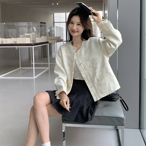白色提花小香风国风外套女2025春季新款小个子新中式洋气百搭上衣图片