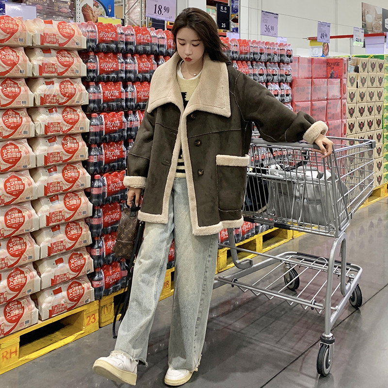 【新款现货】美拉德摩咖皮毛一体两面穿鹿皮绒外套P195K288,女装短外套,2C333