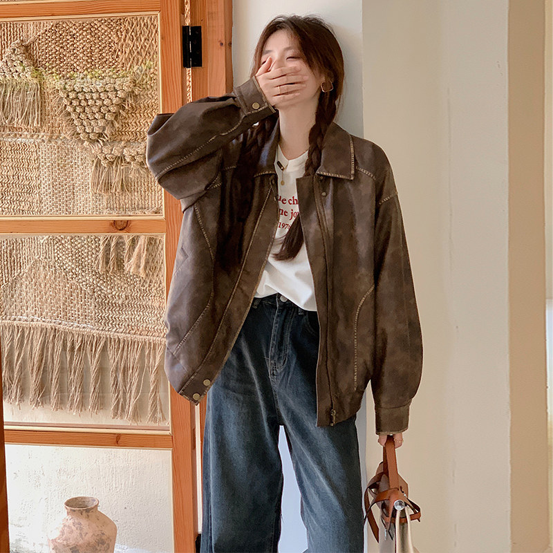 厚款宽松型复古棕色女士机车皮衣短款皮夹克复古外套春秋休闲百搭图片