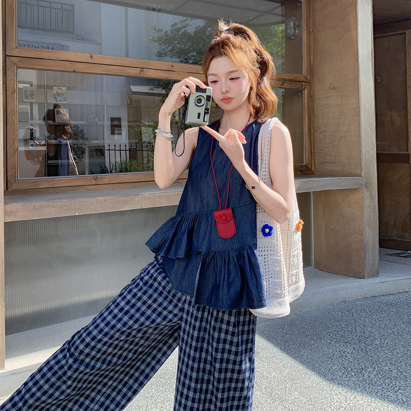 深蓝色荷叶边拼接无袖背心套装女2025年夏季新款格纹阔腿裤两件套,女装套装/套裙,2C098