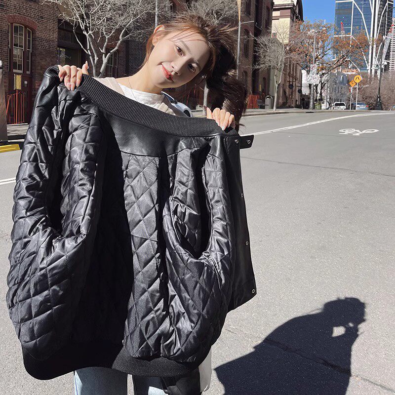 黑色pu皮棒球服棉服外套女2023冬季新款美式小个子炸街加厚短棉袄,女装皮衣,2C226
