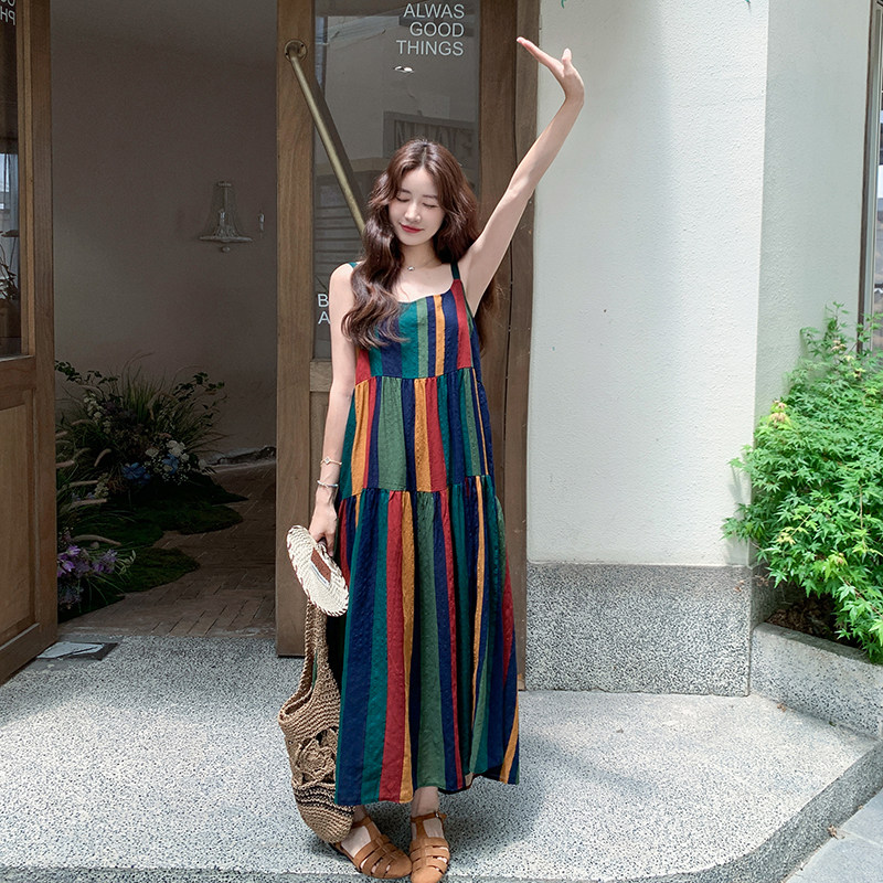 文艺复古日系彩色条纹吊带连衣裙女2025新款夏季艺术感度假风长裙,女装连衣裙,2C122