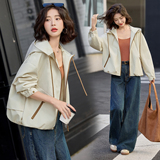 高级感拼色休闲连帽外套女2025秋新款宽松百搭显瘦冲锋衣夹克上衣，女装短外套，唯婧