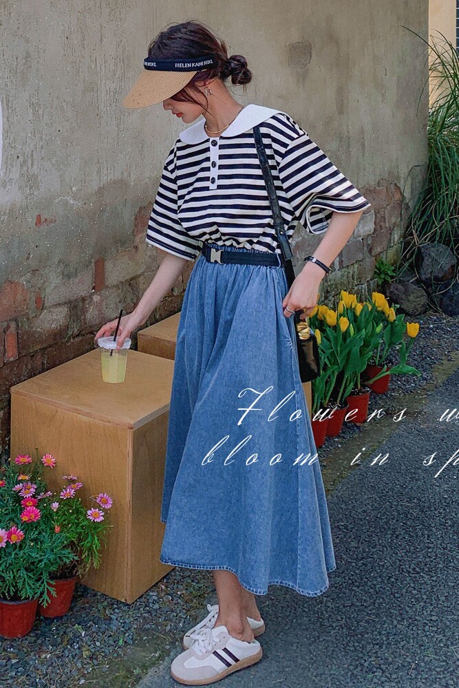 夏季新款条纹牛仔连衣裙送皮带2C018-297-P115168,女装连衣裙,2C018
