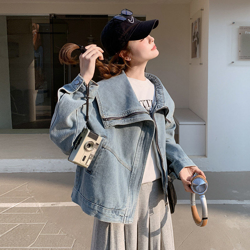 韩版蓝色牛仔外套女2025新款春季宽松小个子休闲设计感夹克短上衣,女装短外套,2C057