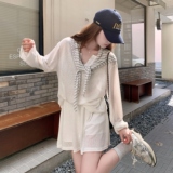 现货韩系慵懒风宽松上衣条纹披肩短裤三件套装2C135-8897P145K218，女装套装/套裙，2C135