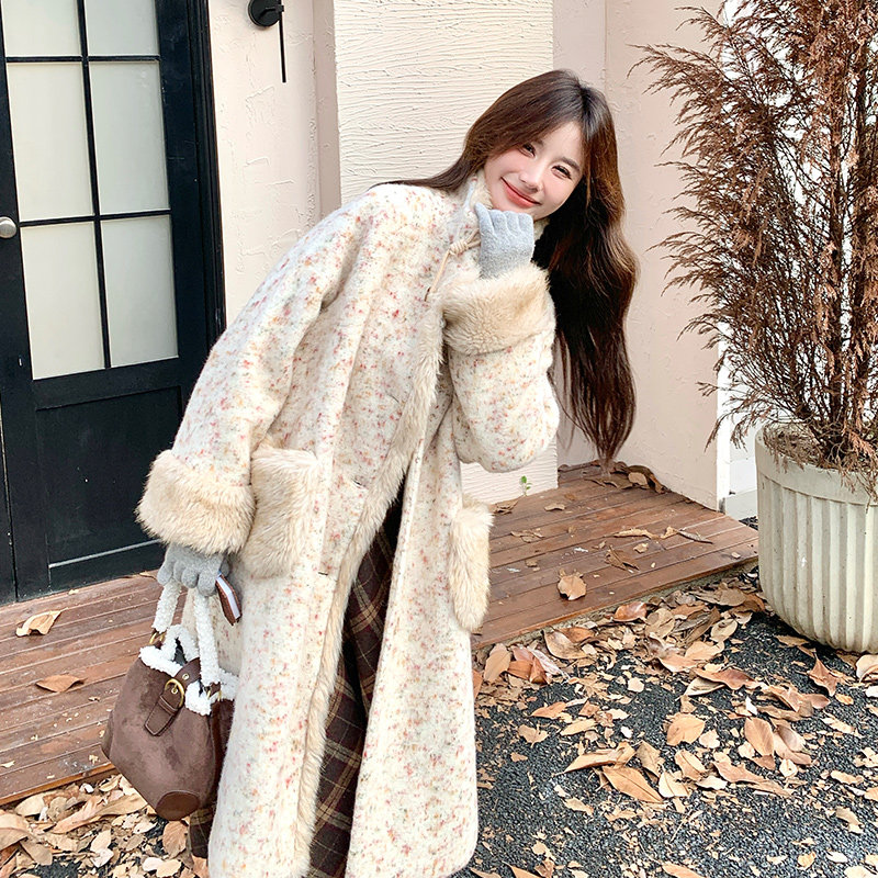 独特设计感碎花皮毛一体棉服外套女冬加绒加厚羊羔毛棉衣棉袄大衣,女装毛呢外套,2C073