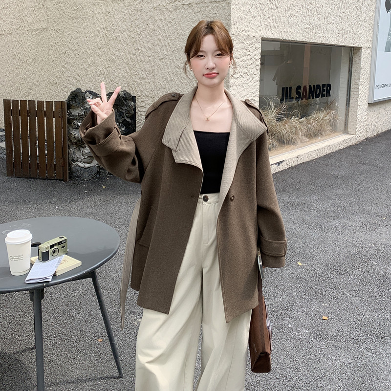 pu皮拼接格子毛呢大衣女秋季2025年小个子收腰高级感时髦气质外套,女装毛呢外套,2C203