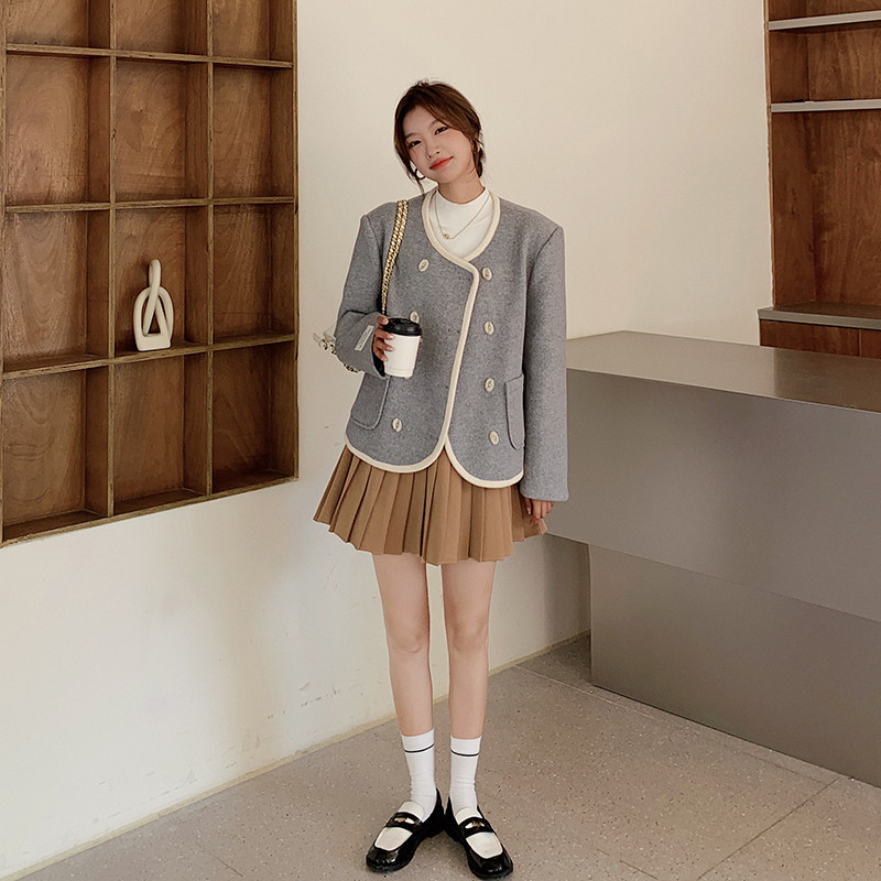 灰色韩系圆领小香风羊毛呢子外套女气质通勤短款大衣2223P155K238,女装毛呢外套,2C166