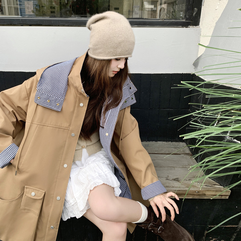卡其色连帽格纹拼接风衣女2025春秋季新款韩版显瘦中长款夹克外套,女装风衣,2C088