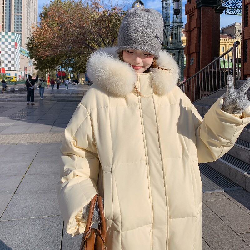 狐狸毛领连帽羽绒服女2025冬季新款奶乎乎小个子中长款白鸭绒外套图片