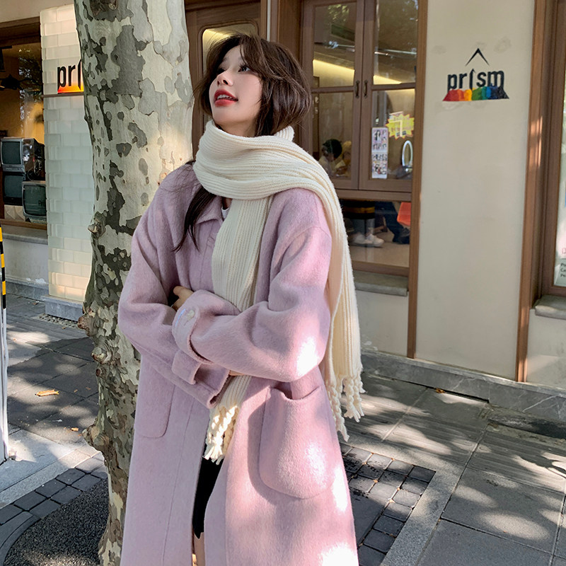 超好看紫色双面羊绒大衣女秋冬2024新款千金高级感中长款毛呢外套,女装毛呢外套,2C030