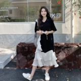 设计感荷叶边撞色拼接连衣裙女夏季2025新款独特绝美巨好看的长裙，女装连衣裙，2C275