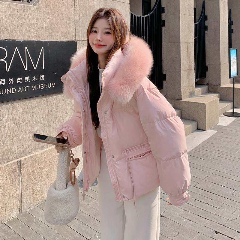粉色真毛领羽绒服女2025冬季新款小个子超好看甜美减龄白鸭绒外套图片
