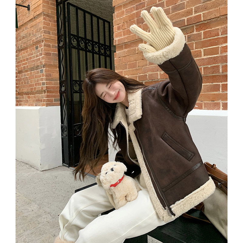 皮毛一体超好看厚外套女2025冬小个子复古时尚韩版甜酷羊羔毛棉服,女装短外套,2B222