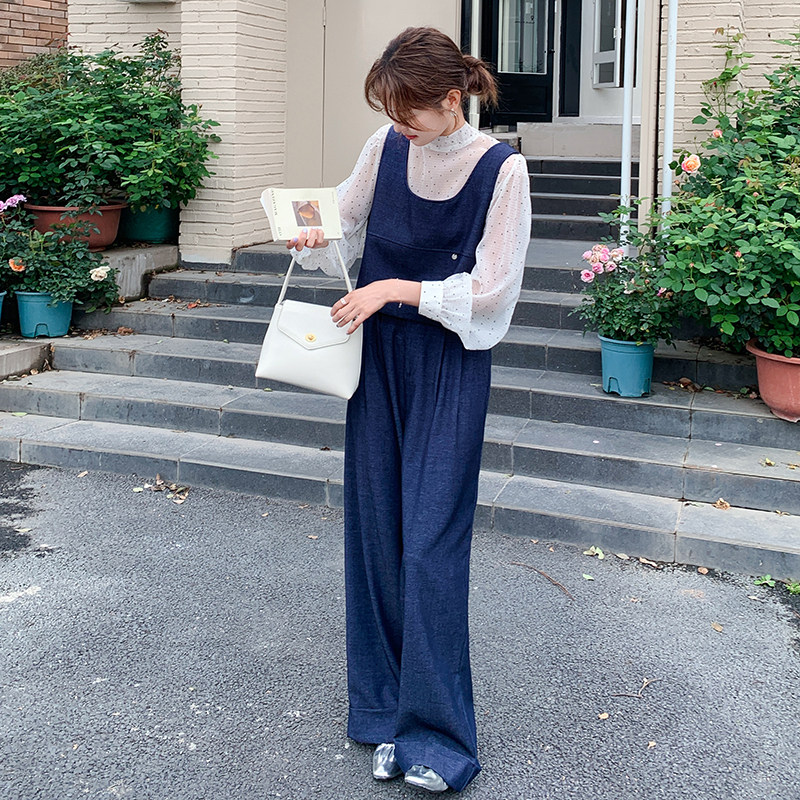 深蓝色休闲时尚套装女2025春季新款气质波点衬衫马甲阔腿裤三件套,女装套装/套裙,2C177