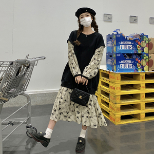 长袖T恤连衣裙女春秋2025年新款设计感小众碎花拼接假两件卫衣裙图片