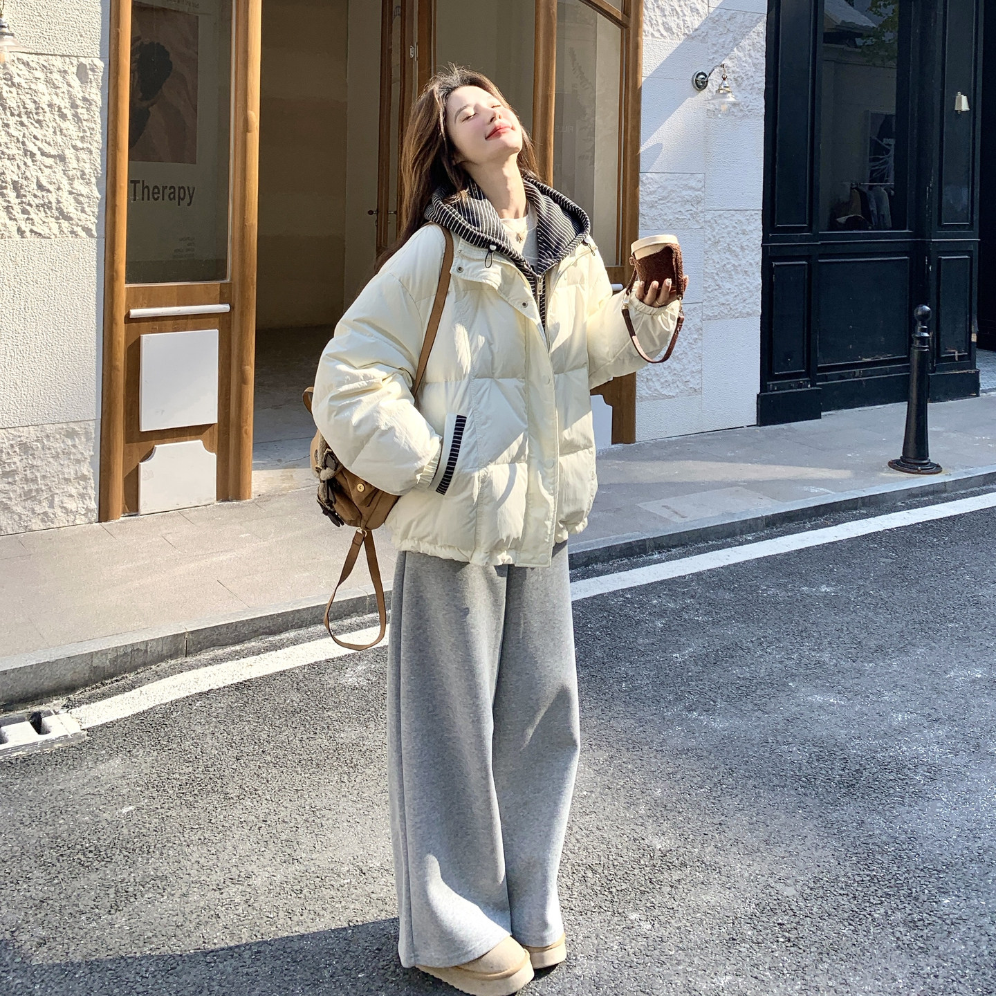设计感假两件条纹连帽羽绒服女冬季宽松加厚面包服保暖外套,女装羽绒服,2C166