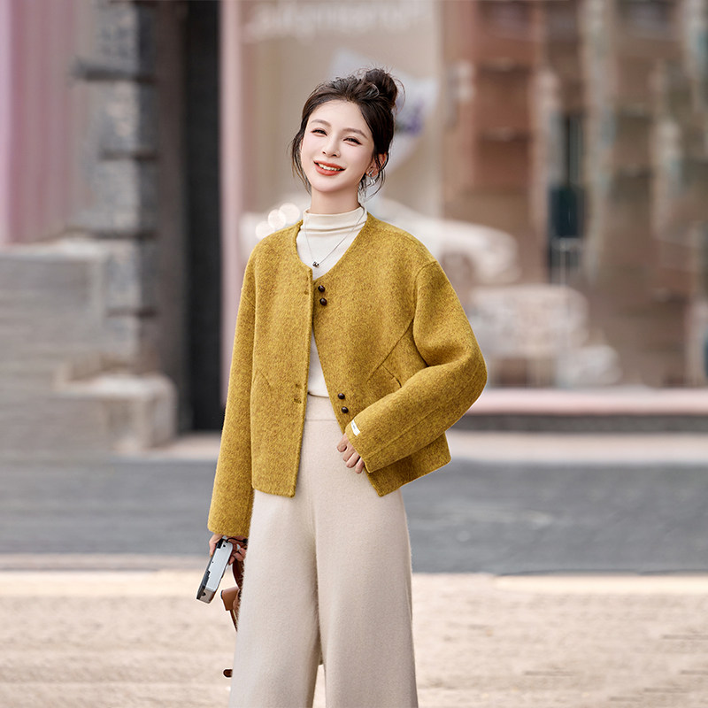 温柔甜美小香风短毛呢外套女2025秋冬新款气质圆领双面羊毛呢大衣,女装毛呢外套,衣佳和