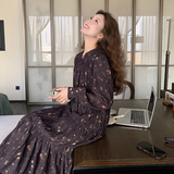 法式复古气质长袖连衣裙女2025春秋季新款宽松显瘦茶歇碎花长裙子，女装连衣裙，2C262