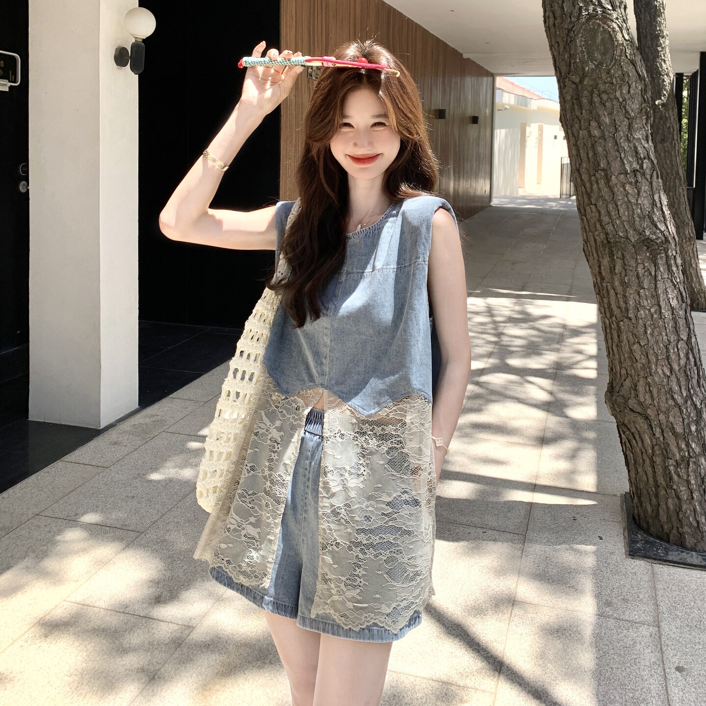 甜美蕾丝拼接牛仔短裤套装女夏2025新款小个子巨好看高级感两件套,女装套装/套裙,2C135