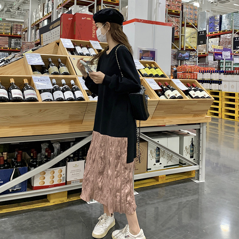 撞色拼接假两件连衣裙女中长款春秋新款韩版宽松显瘦时髦洋气裙子,女装连衣裙,2D043