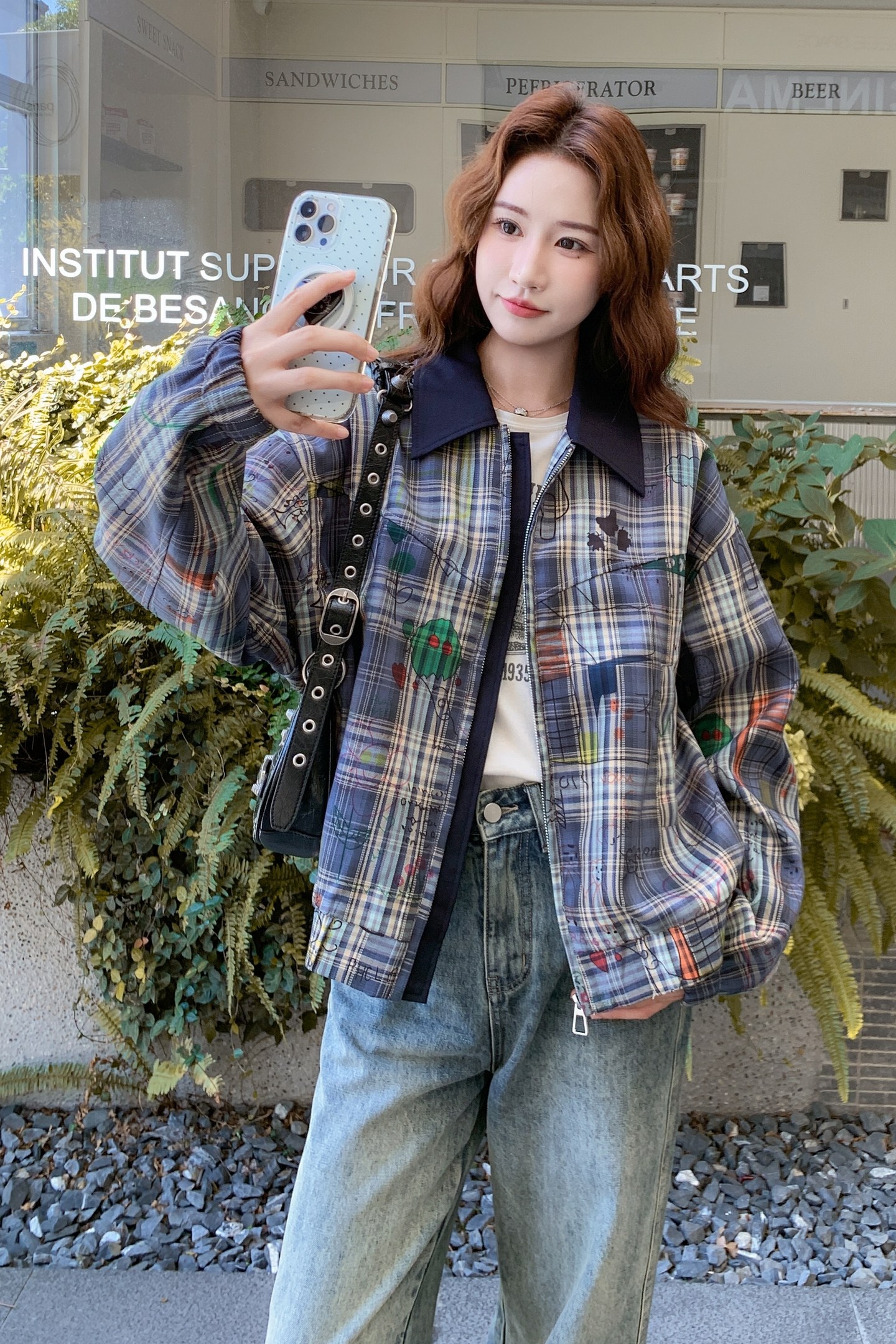 复古蓝色格纹印花小香风外套2026新款女初秋巨好看韩系chic短夹克,女装短外套,2C218