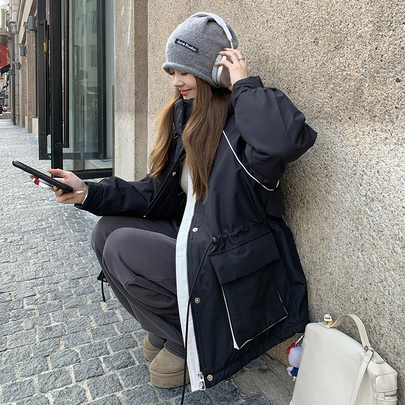 【现货】工装羽绒服冬季新款冲锋衣连帽中长款外套抽绳羽绒衣,女装羽绒服,2C238