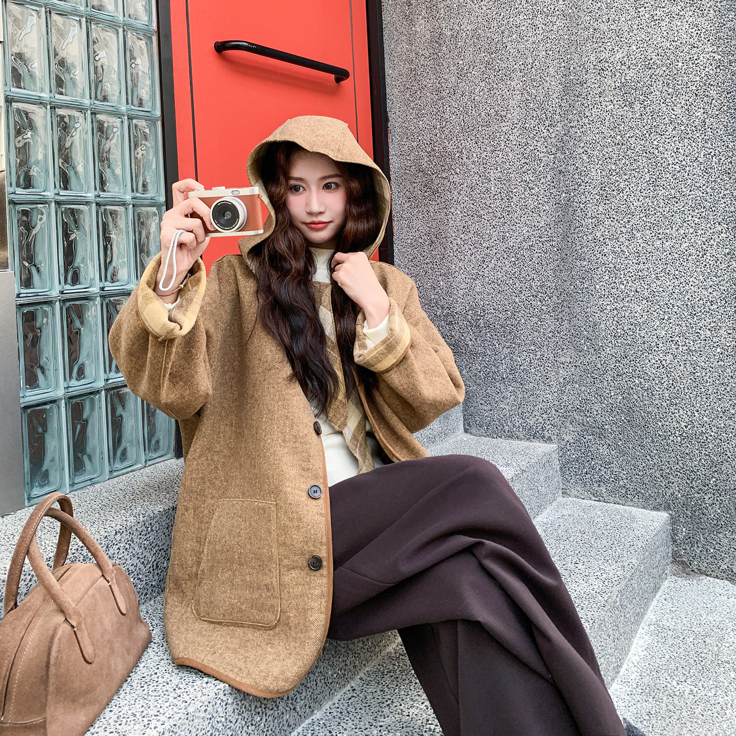 两面穿格子毛呢外套女2025冬季新款韩系减龄小个子休闲保暖呢大衣,女装羊绒大衣,2D078