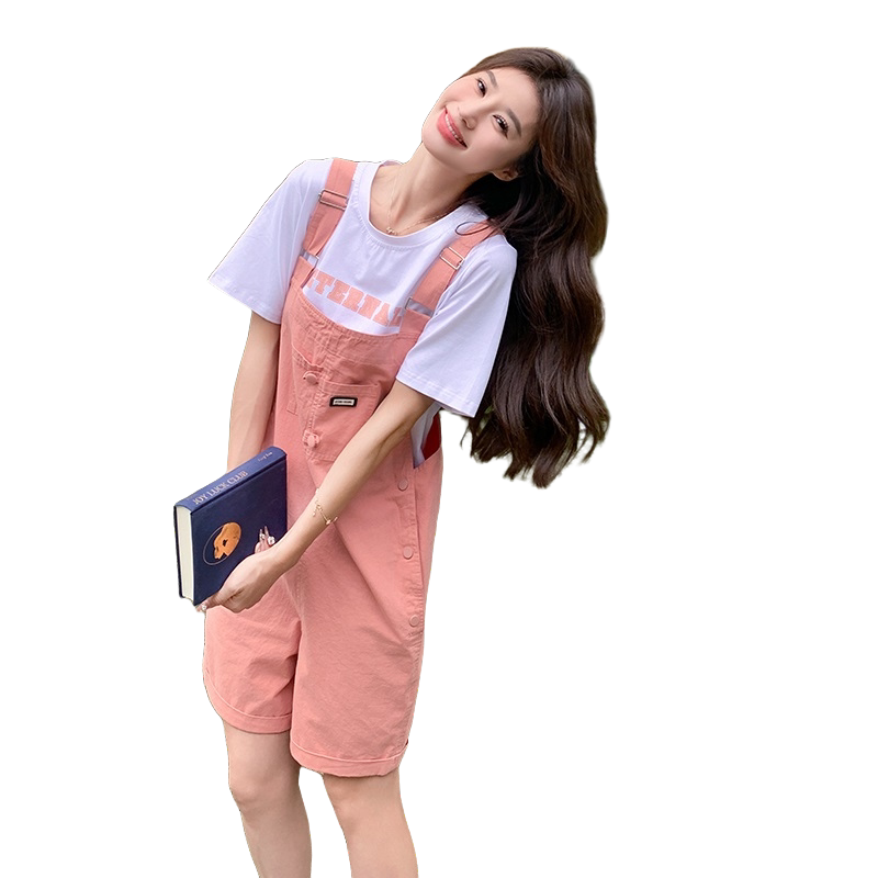 甜美粉色背带裤女2025夏季新款小个子宽松显瘦减龄高腰短裤,女装连体裤,2D045