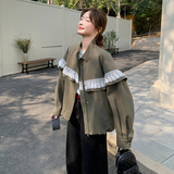 军绿色蕾丝拼接短外套女2025春季新款今年流行小个子宽松休闲夹克，女装短外套，2C159