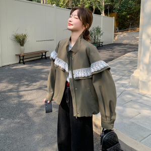 军绿色蕾丝拼接短外套女2025春季新款今年流行小个子宽松休闲夹克图片
