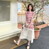 粉色新中式刺绣连衣裙女2025夏季新款高级感蕾丝拼接收腰显瘦长裙，女装连衣裙，2C098