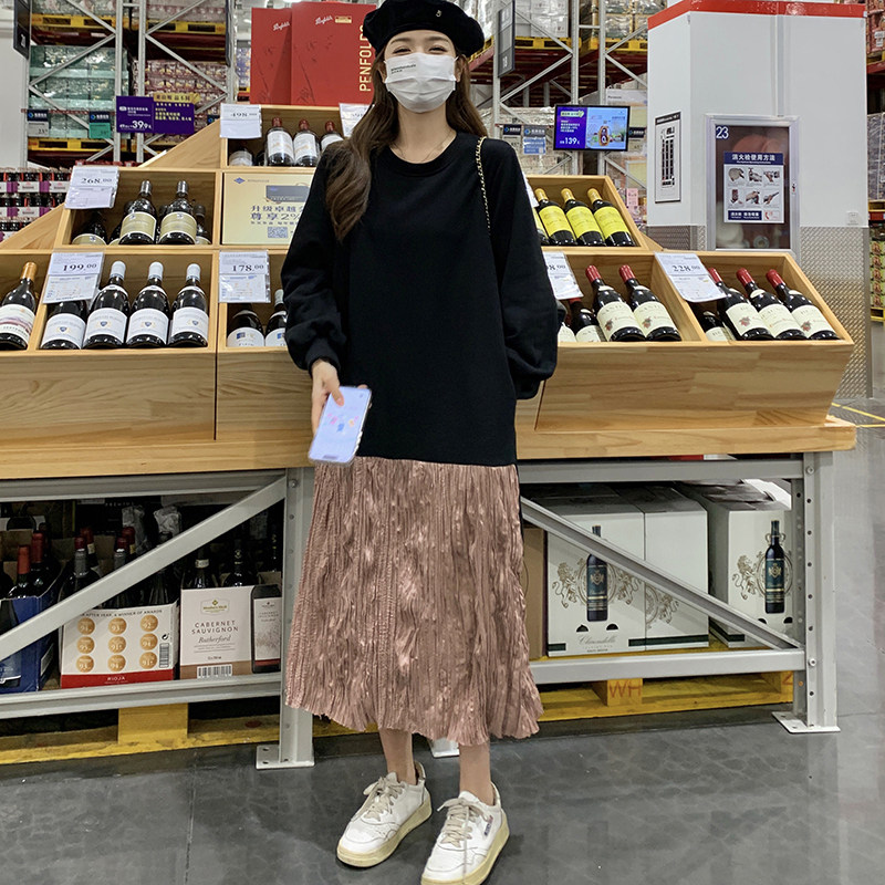 撞色拼接假两件连衣裙女中长款春秋新款韩版宽松显瘦时髦洋气裙子,女装连衣裙,2D043