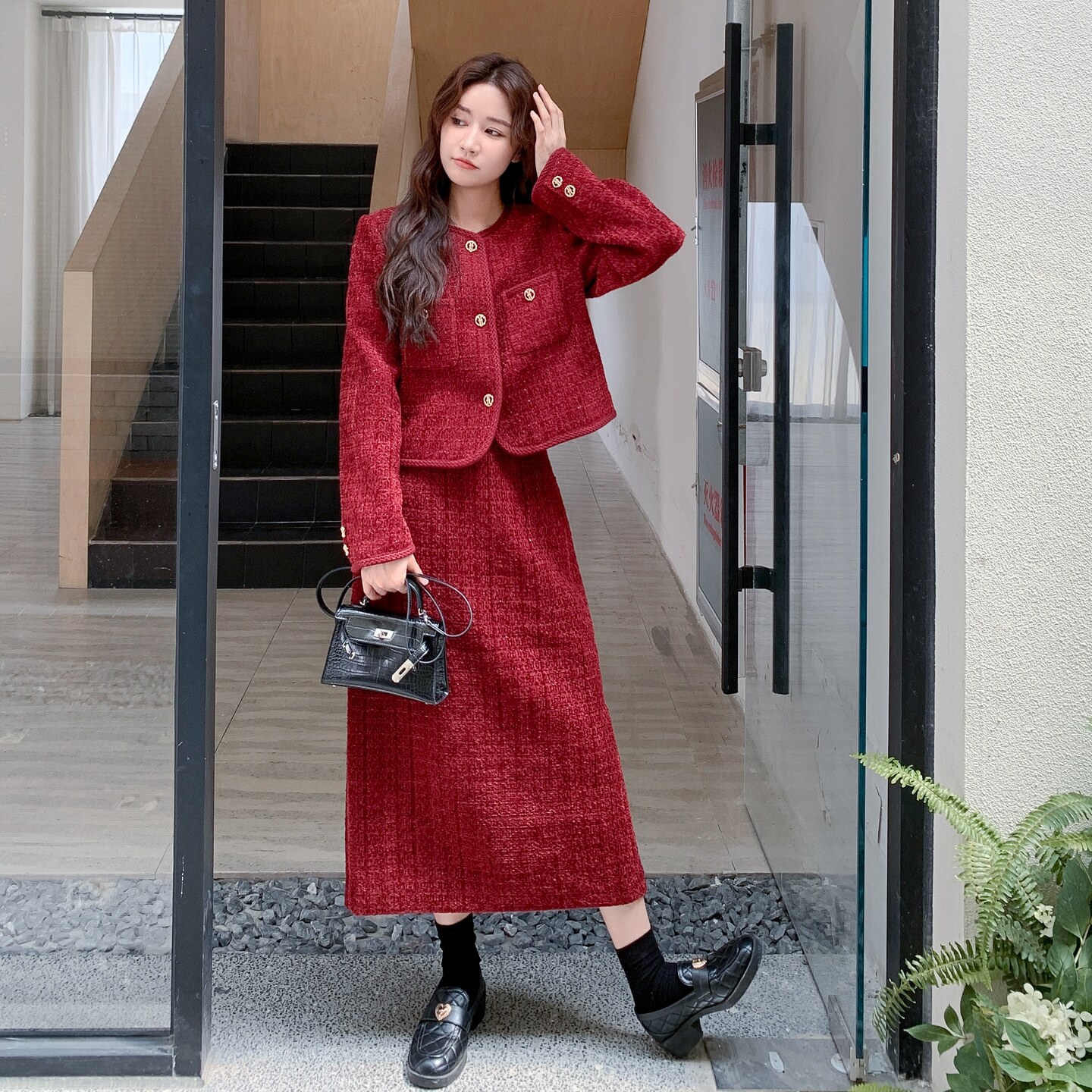 红色韩系小香风毛呢外套半身裙女秋冬2025新款一整套ootd气质穿搭,女装套装/套裙,2C206