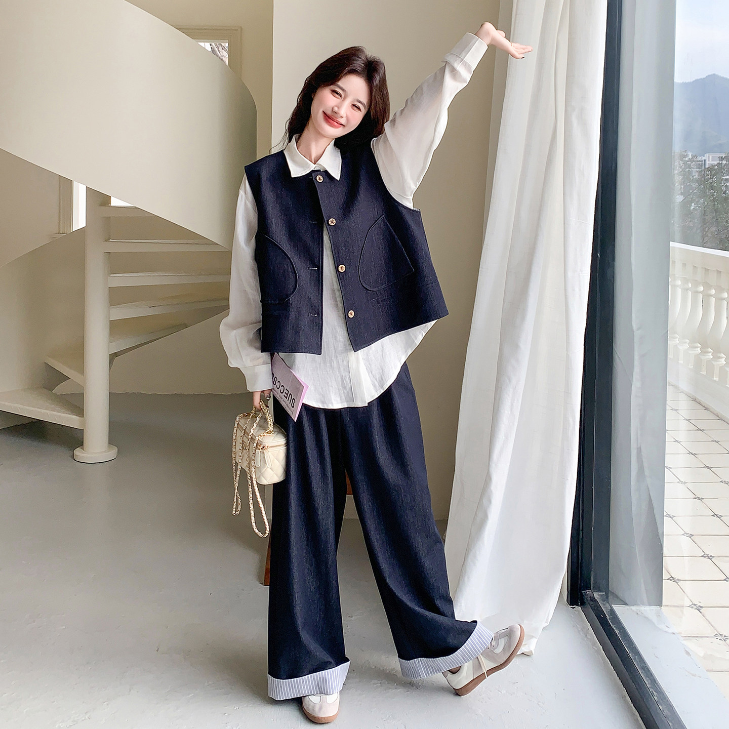 【现货】新款图下摆抽绳牛仔马甲+长裤两件套1215-P185-K298,女装套装/套裙,2C301
