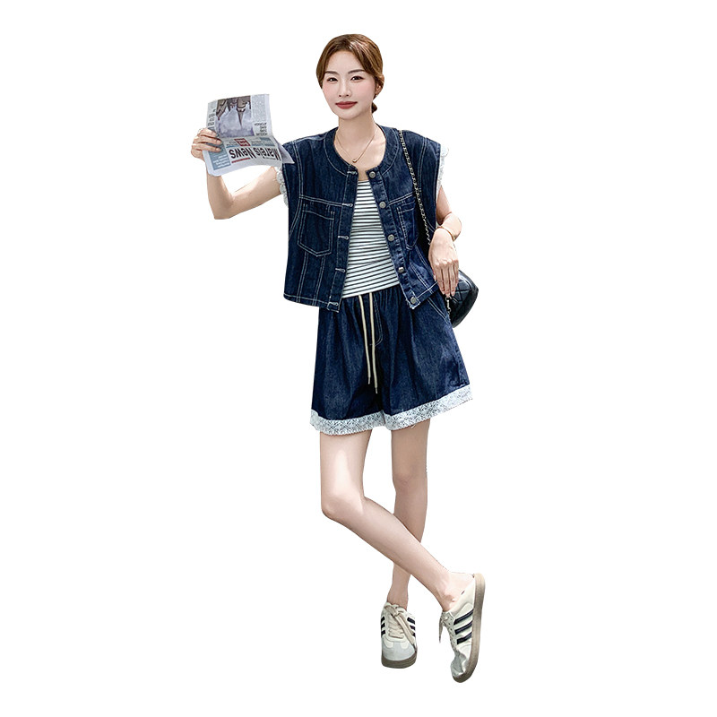 现货2D078-T2050-P155K238条纹背心+马甲+短裤牛仔3件套,女装套装/套裙,2D078