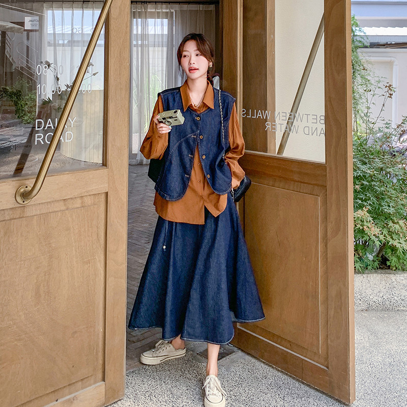 法式复古牛仔套装连衣裙女2026春秋设计感小众慵懒风半身裙三件套,女装套装/套裙,2C166
