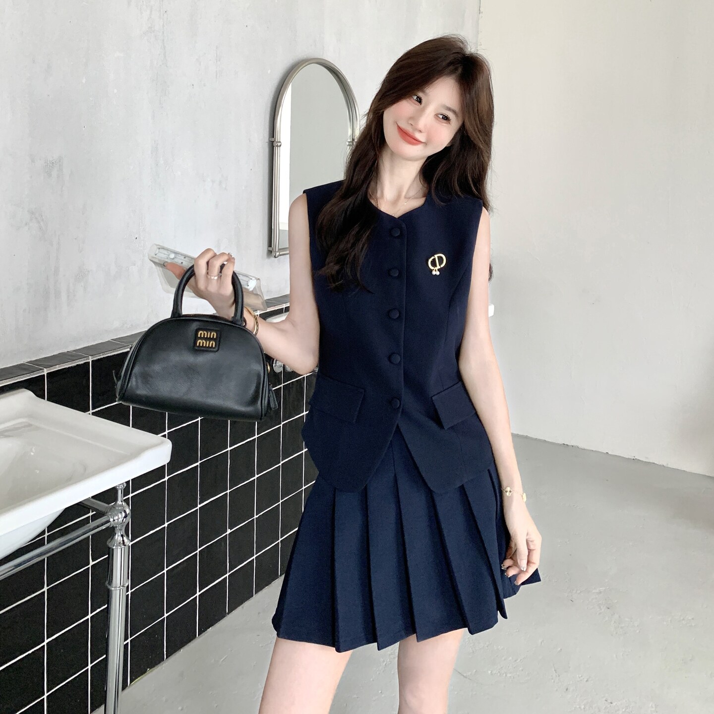 学院风藏青色无袖马甲半身裙套装女2025年夏季新款韩系减龄两件套,女装套装/套裙,2C166