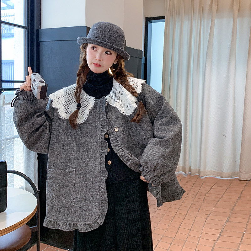 设计感蕾丝娃娃领灰色毛呢羽绒服女加厚保暖外套6122P235K358,女装羽绒服,2C166