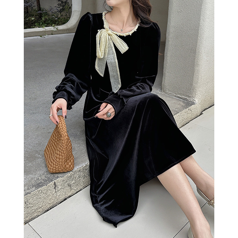 2025春装丝绒拼色连衣裙2C092-5133-P115-K178,女装连衣裙,2C092